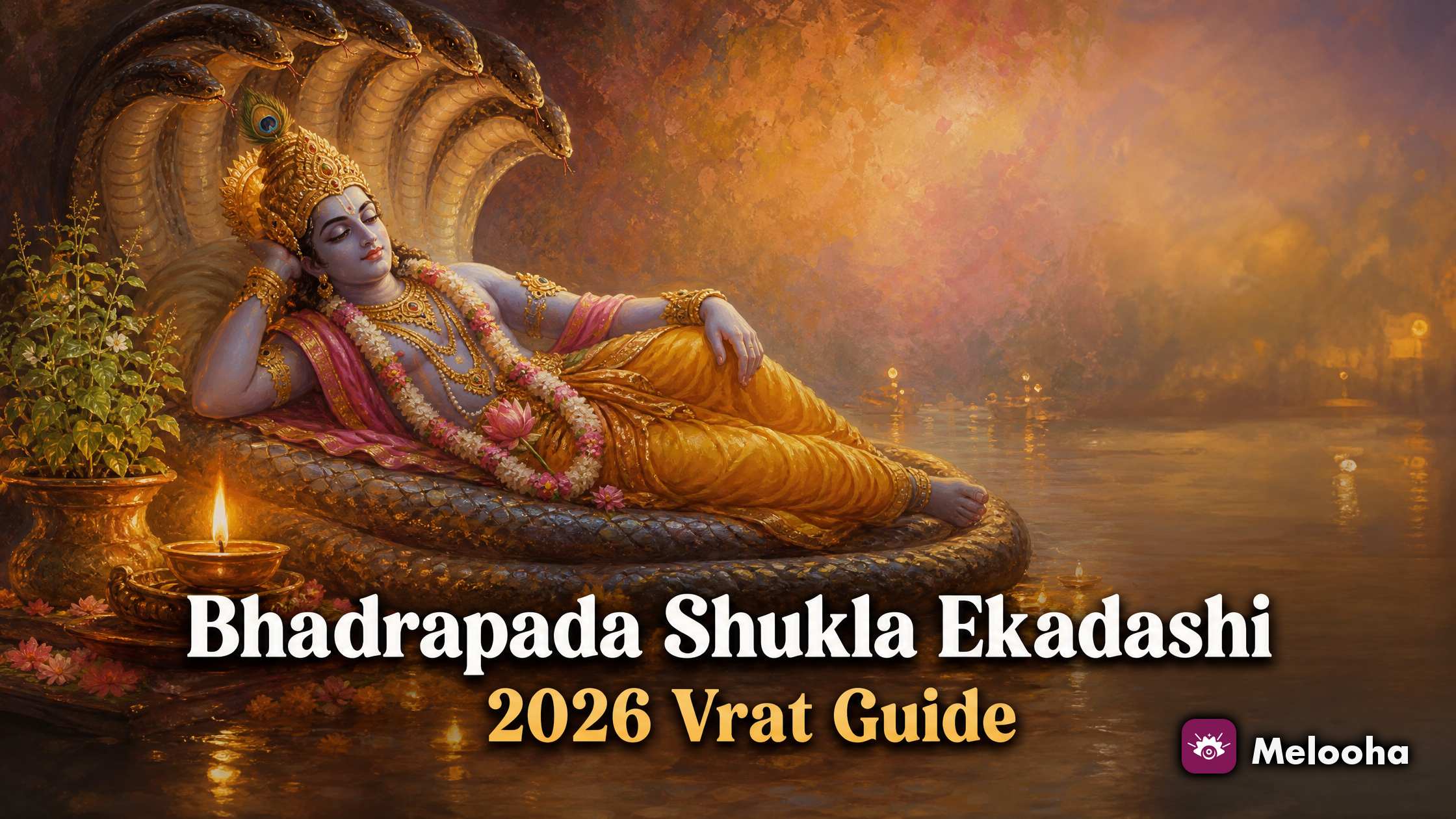 A brass lamp and fresh tulsi leaves before a Vishnu idol at dawn, with a plate of fruit and a cup of milk set aside for the fast
