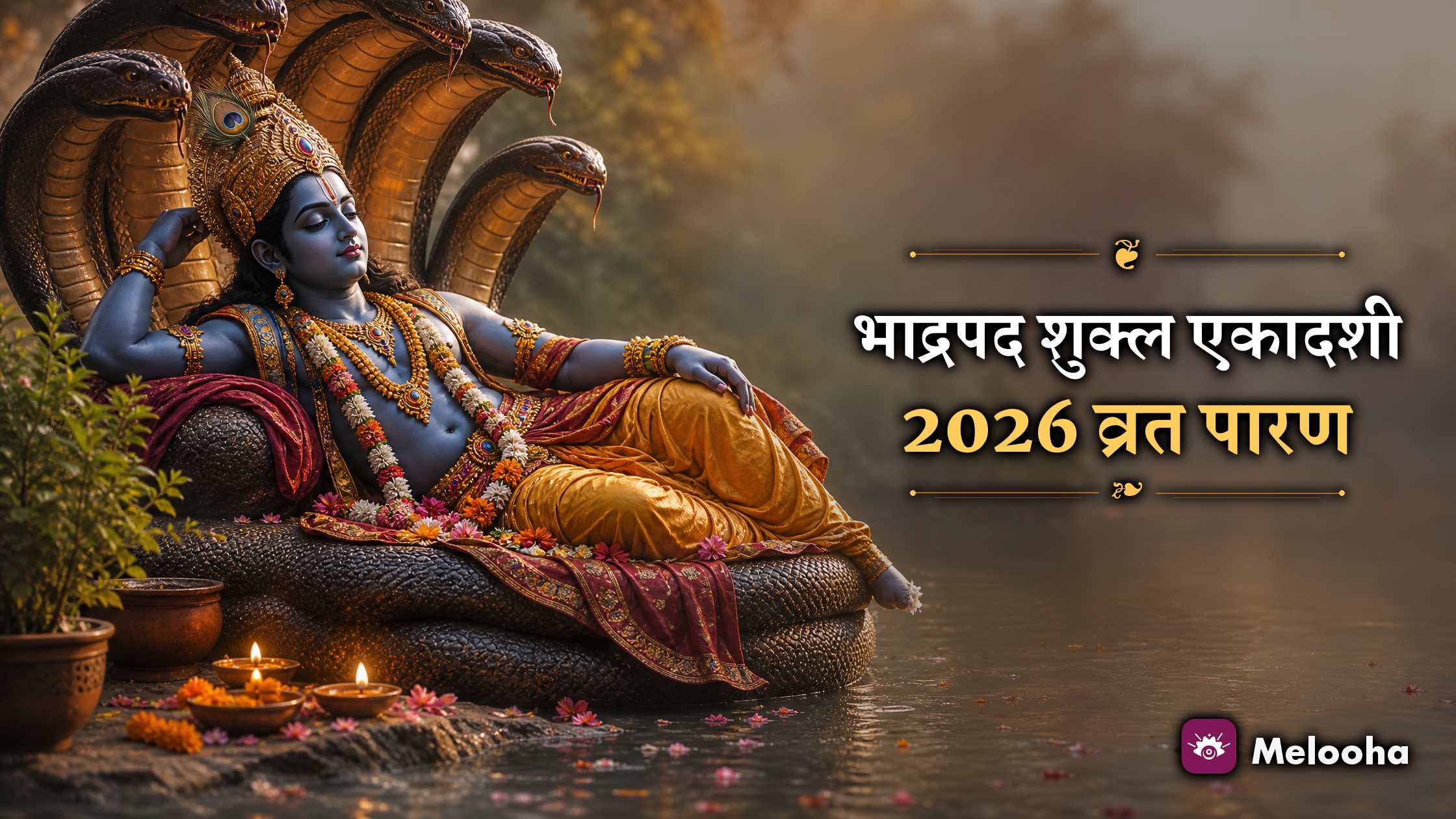 भोर की रोशनी में तुलसी के पत्तों और दीपक के साथ भगवान विष्णु की पूजा का दृश्य