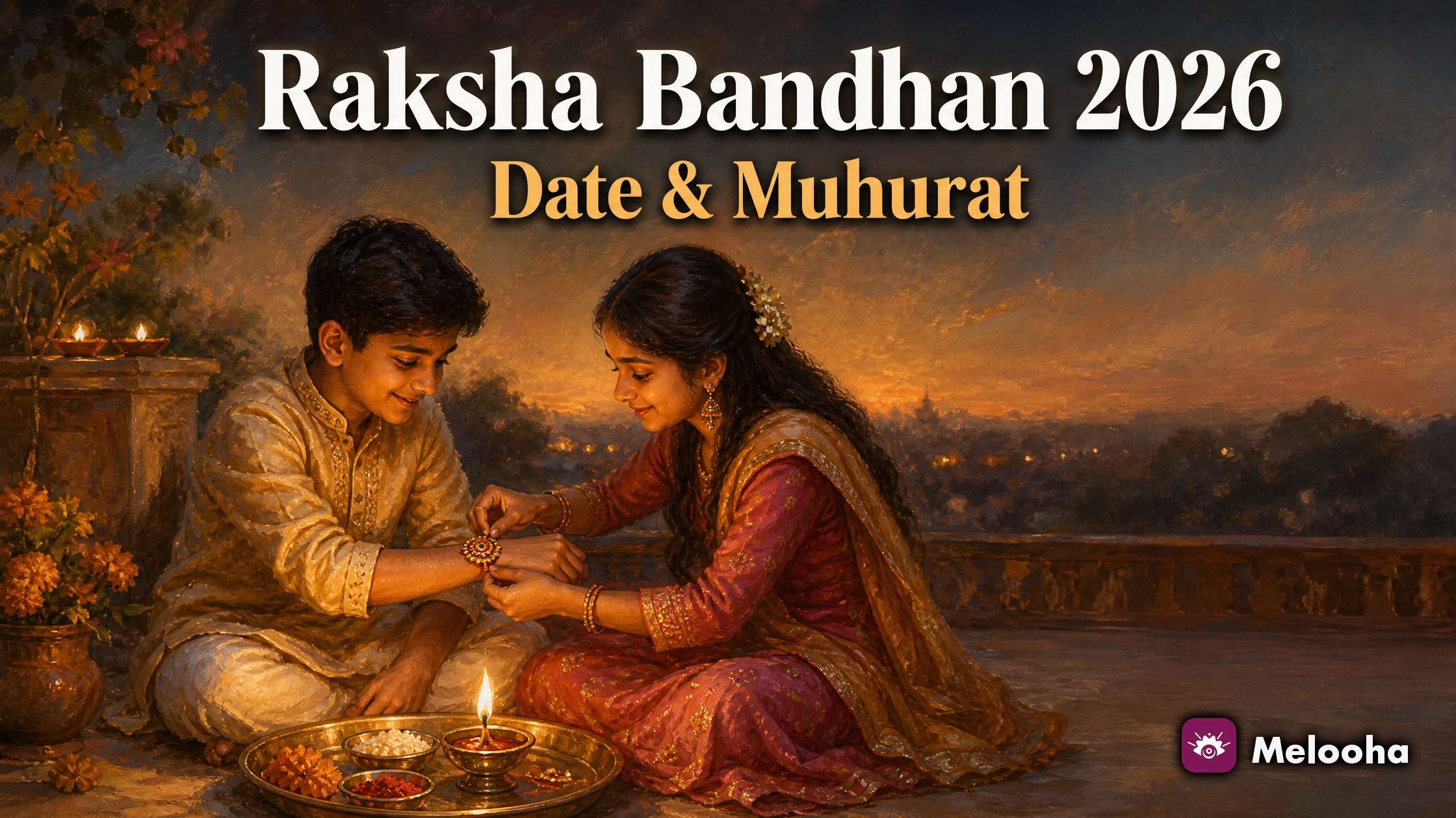 A sister tying a red and gold rakhi on her brother's wrist in soft early morning light, with a thali of diya, roli and sweets beside them