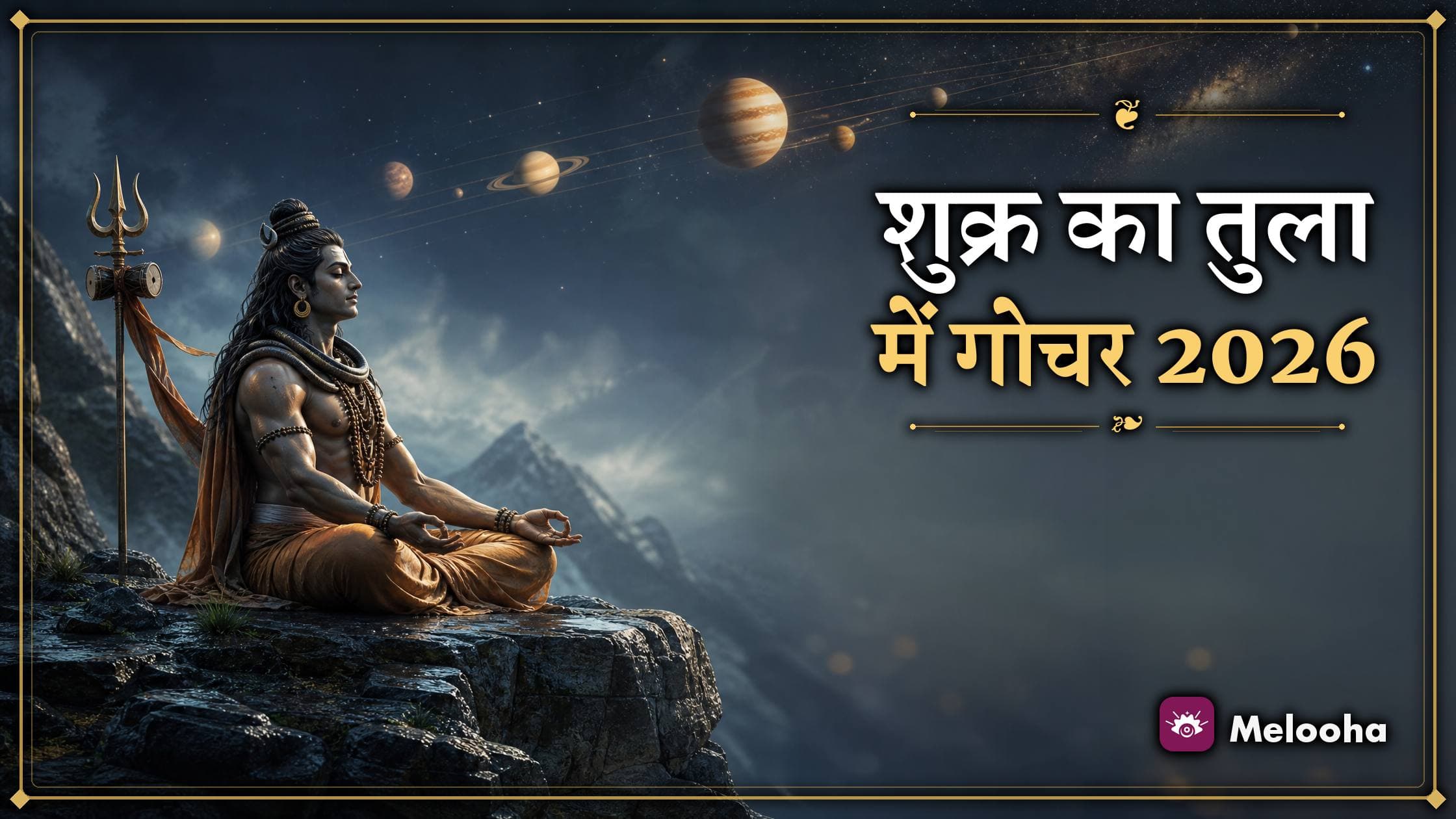 संध्या के आकाश में चमकता शुक्र ग्रह और नीचे संतुलित तराजू, जो शुक्र के अपनी राशि तुला में आने का संकेत देता है