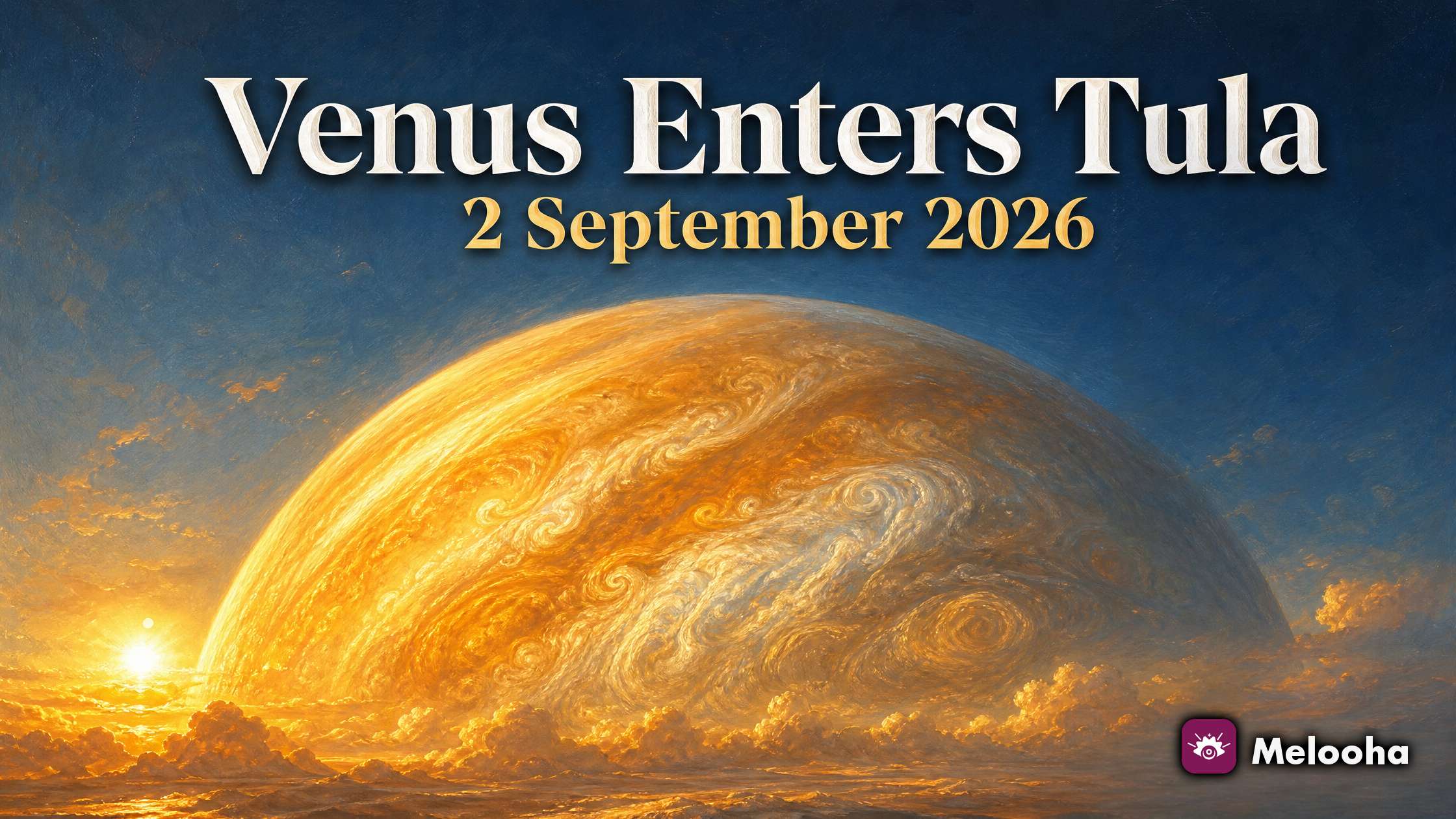 Venus shining bright over a balanced golden scale at dusk, symbolising Shukra returning to its own sign Libra